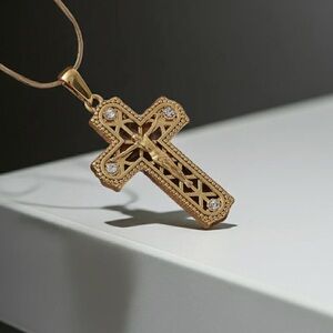 Gold Cross Pendant Necklace with Crystal Accents